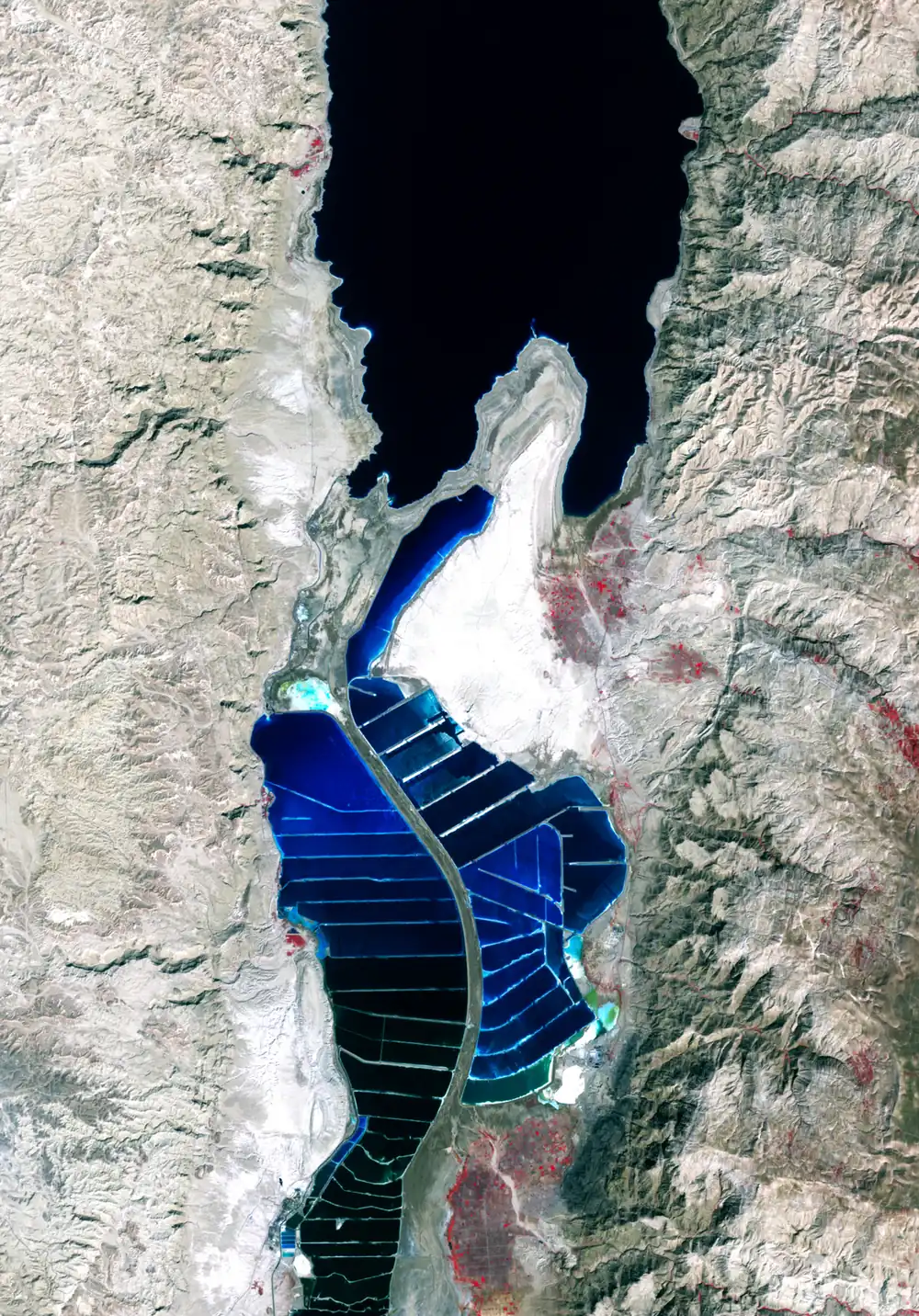 Salt evaporation ponds in the southern Dead Sea seen from space, pale geometric pools beside the desert